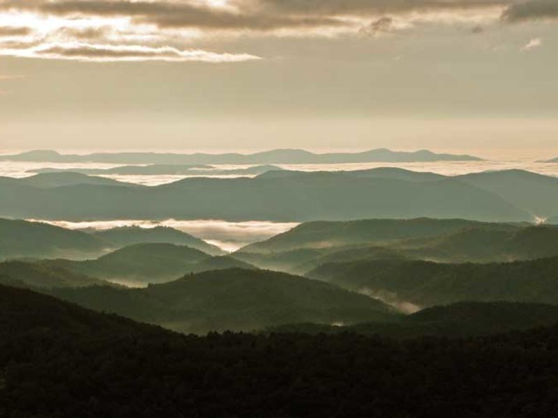 Row upon row of foggy ridges are visible at Thunder Hill, NC in the Parkway's Highlands region.