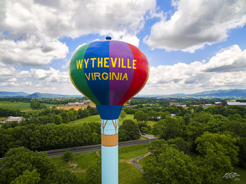 The Wytheville water tower is painted with vertical stripes to look like a hot air balloon.