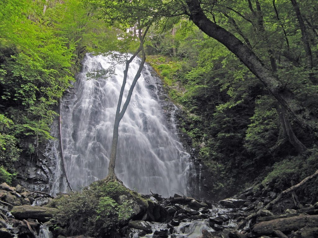 North Carolina's Crabtree Falls, accessed from the Parkway, shows a mighty stream dropping over a 60-foot cliff that is surrounded by leafy trees.
