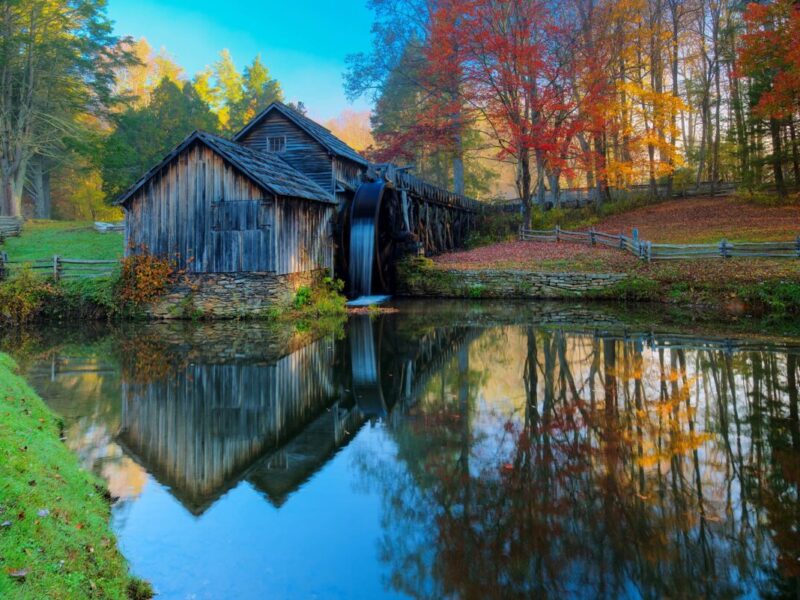 Water spills over the wheel at Mabry Mill surrounded by Fall color.