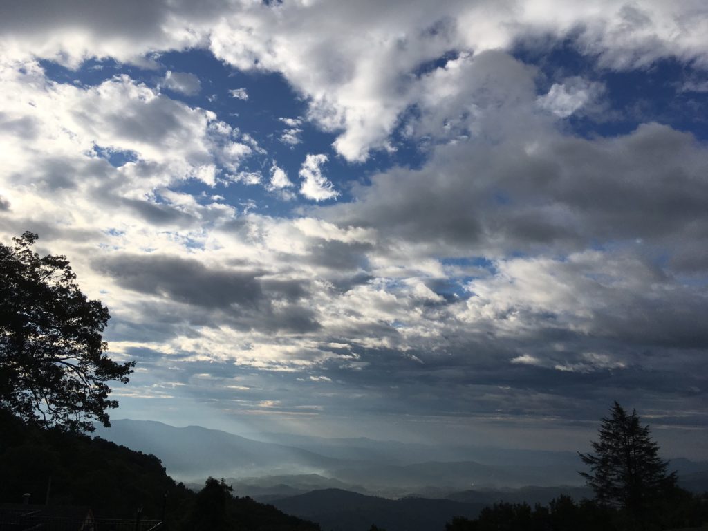 View of the mountains and clouds from Switzerland Inn.