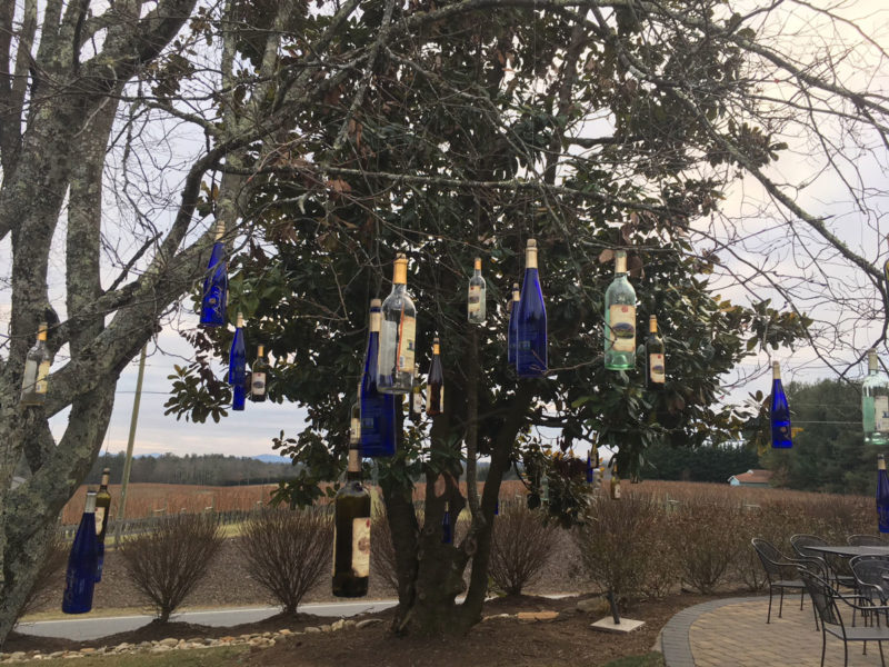 Decorative blue bottles hang from a tree at BurntShirt Vineyards in Hendersonville.