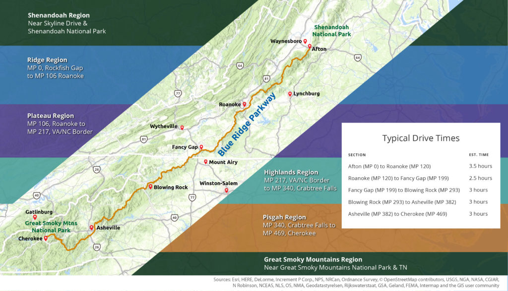 Blue Ridge Parkway Drive Times Map showing the Parkway<smokies, and Shenandoah regions