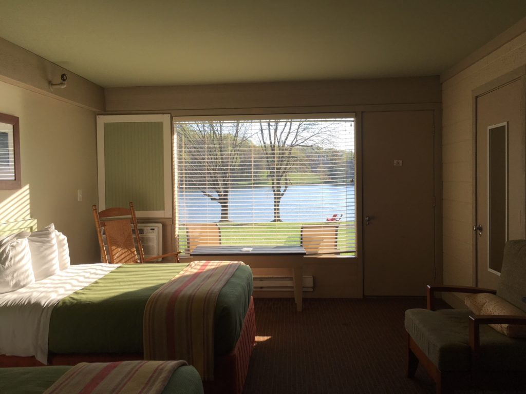 A room at Peaks of Otter Lodge overlooks Abbott Lake.
