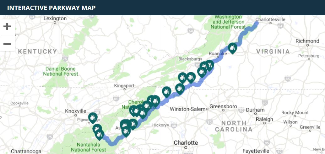 Map showing arts and crafts destinations along the Parkway.