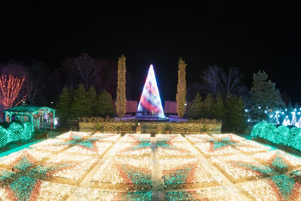 Winter lights in the shape of quilt squares are brightly lit at night at the North Carolina Arboretum.