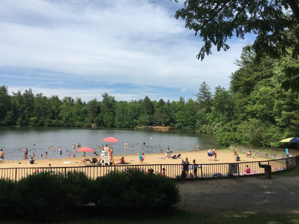 Lake Powhatan has a nice sandy beach for swimming in the Asheville area in the summer time.