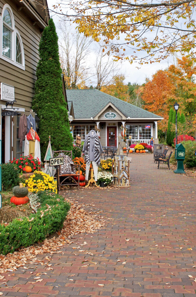 Fall leaves, pumpkins and mums gather on the edge of a cobblestone sidewalk leading to the Village Shoppes on Main Street in downtown Blowing Rock.