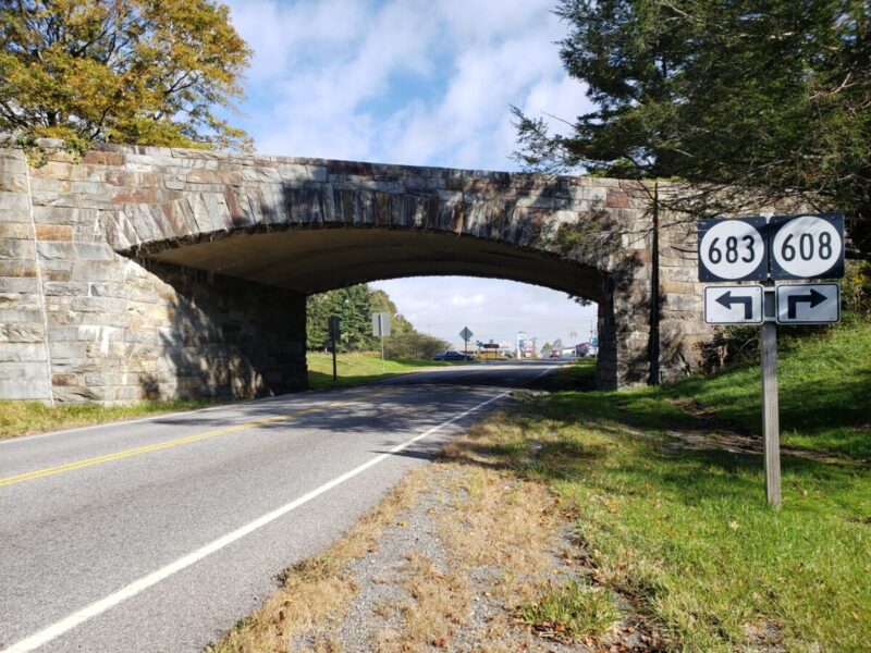 A Blue Ridge Parkway overpass in Fancy Gap, VA displays stonework from the 1930s.