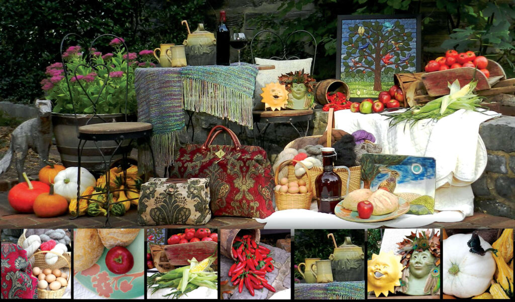 Fruits and vegetables like corn, peppers and tomatoes are displayed with locally made goods like purses, scarves and pottery.