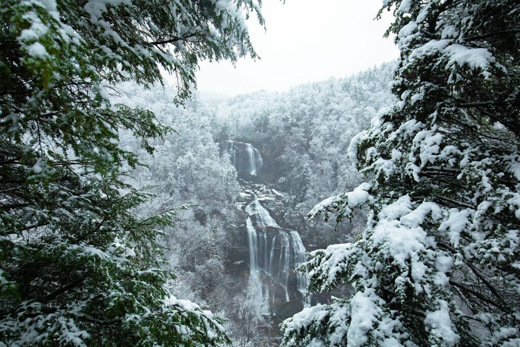 Frozen Whitewater Falls is surrounded by frosty and snow-covered trees.