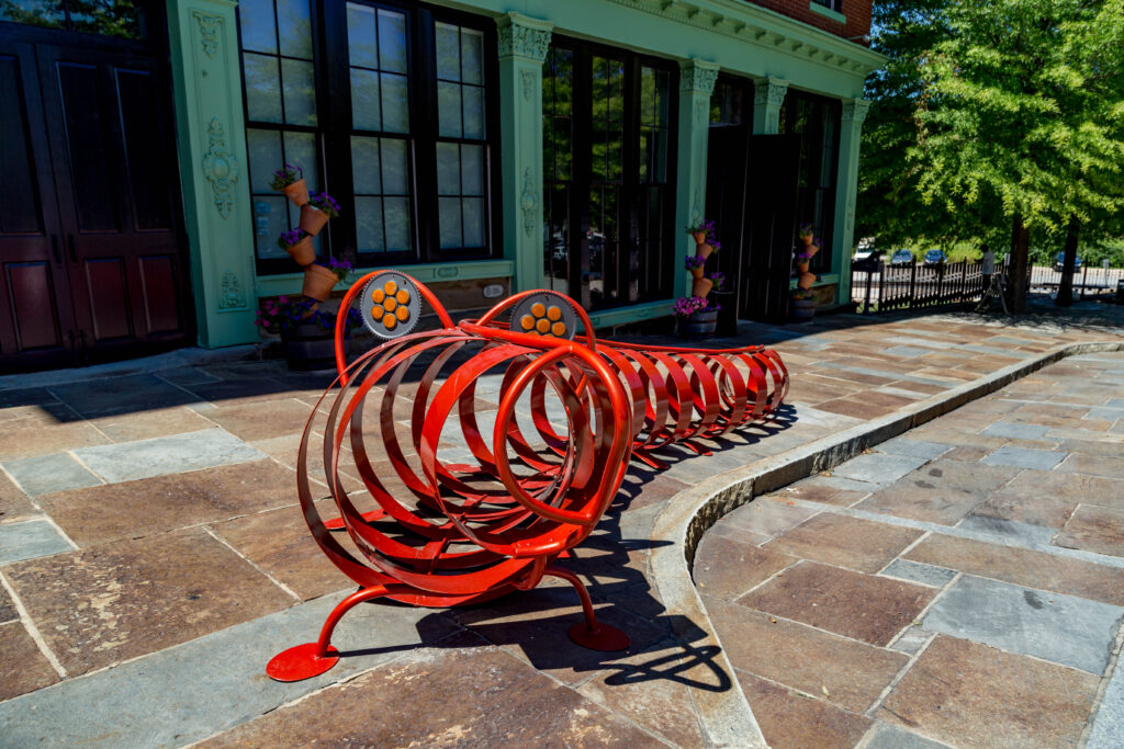 Red metal sculpture outside Amazement Square in Lynchburg, VA.