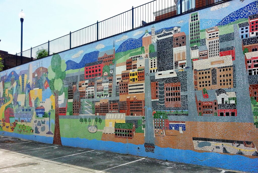The colorful City Arts Mosaic Mural in downtown Lynchburg, Virginia.