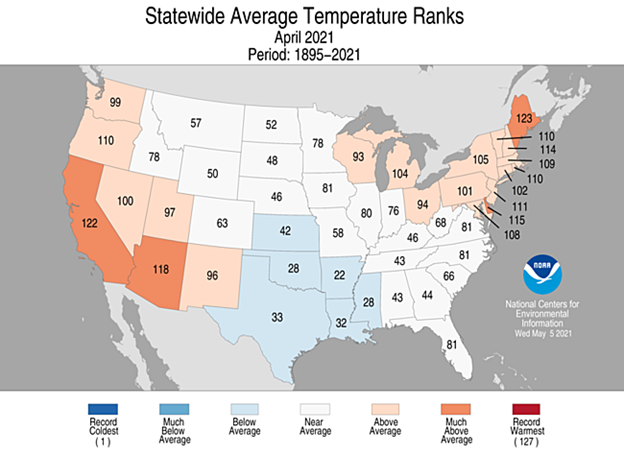Graphic showing April 2021 average temperatures by state across the United States.