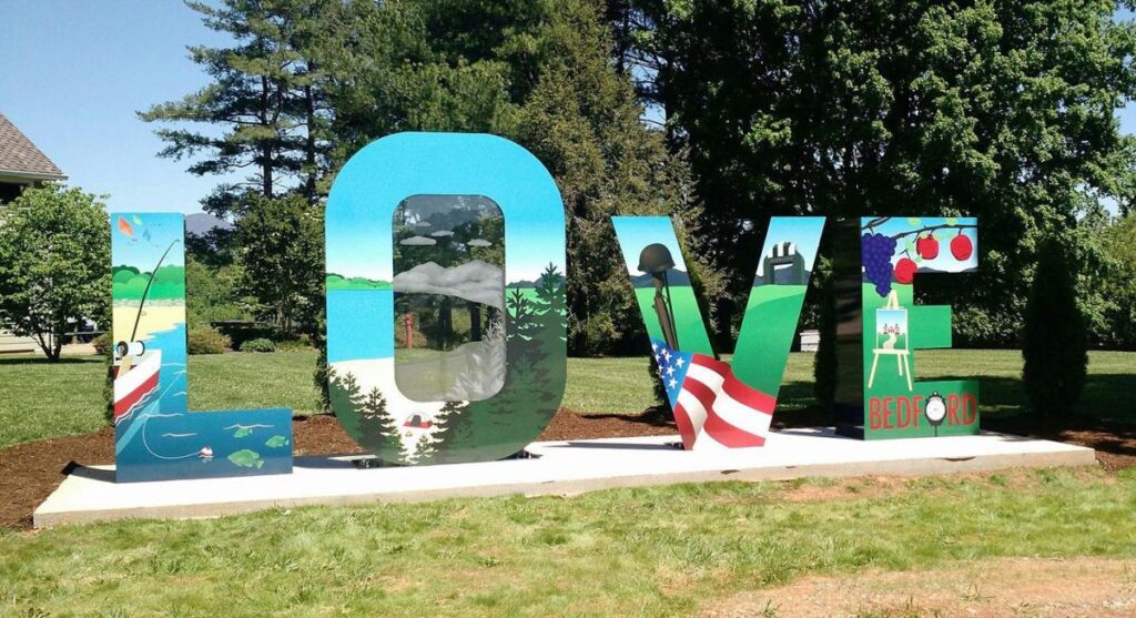 The LOVEwork at the Bedford Welcome Center focuses on fishing and the lake, orchards and D-Day Memorial.
