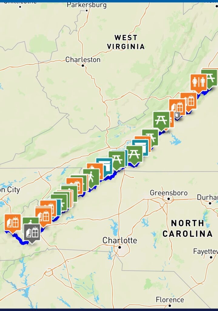 BRPA mobile app map of Parkway restroom locations.