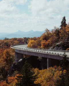 a paved road cuts through peak fall colors