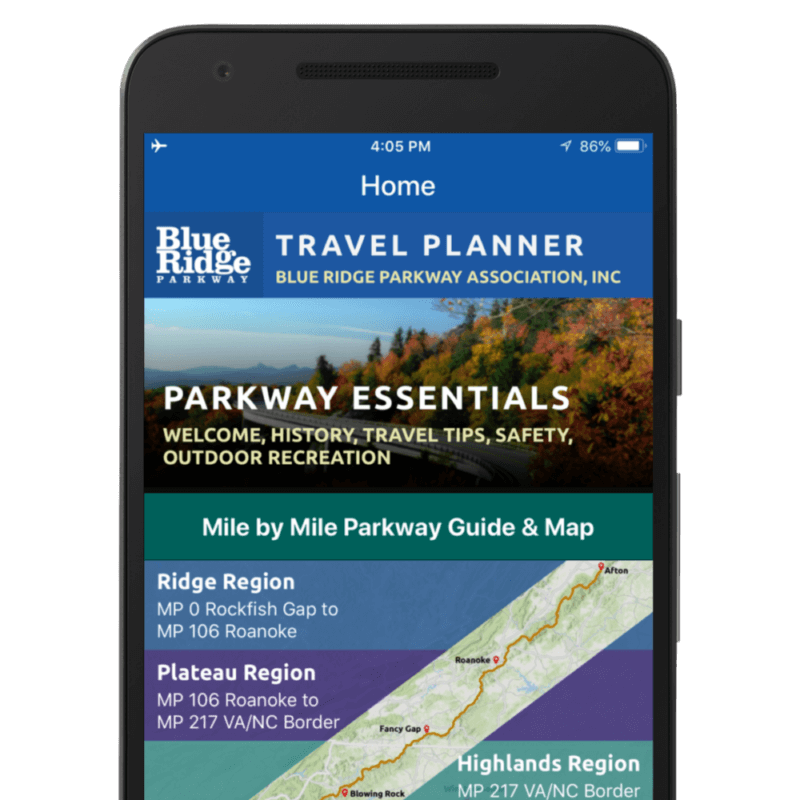a mockup of a phone using the blue ridge parkway app