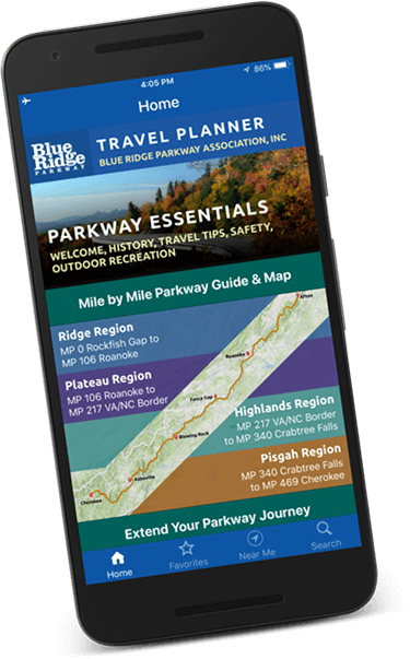 a mockup of a phone using the blue ridge parkway app